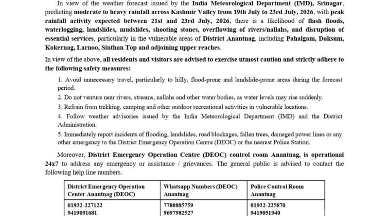 Anantnag Administration Issues Weather Advisory; Public Urged to Stay Alert as Heavy Rain Forecast
